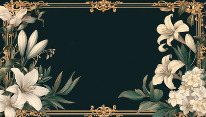 Vintage funeral memorial template with ornate golden frame and floral botanical design on dark background
