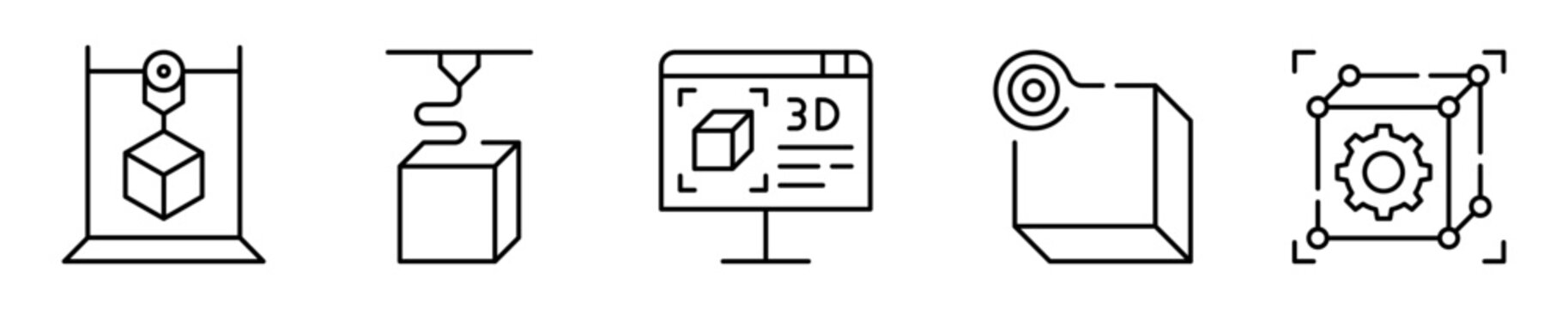 Conjunto de iconos de impresi&oacute;n 3D. Fabricaci&oacute;n, dise&ntilde;o, configuraci&oacute;n. Impresi&oacute;n, detalle t&eacute;cnico, vista digital, filamento pl&aacute;stico, ajustes personalizados. Ilustraci&oacute;n vectorial