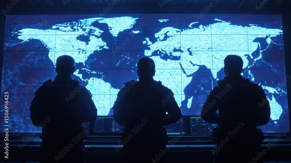 Poster three people in silhouette monitor a large digital world map display in a high-tech command center.