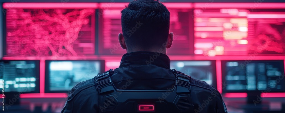 Poster a man in tactical gear monitors multiple high-tech screens with red digital interfaces in a dark con