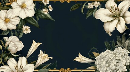 Vintage funeral memorial template with ornate golden frame and floral botanical design on dark background