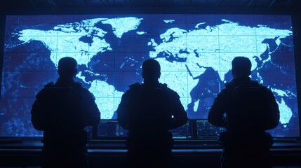 Three people in silhouette monitor a large digital world map display in a high-tech command center.