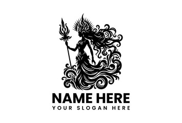 A powerful vector logo silhouette of Goddess Durga with flowing hair and a trident