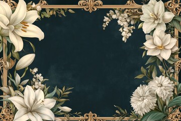 Vintage funeral memorial template with ornate golden frame and floral botanical design on dark background