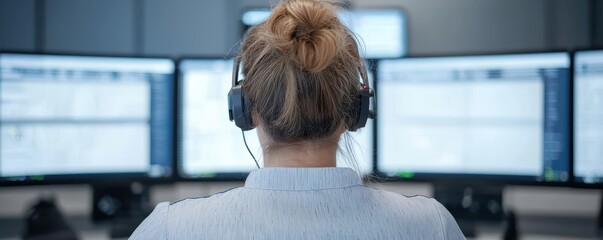 A person with a headset monitors multiple computer screens in a control room, viewed from behind.