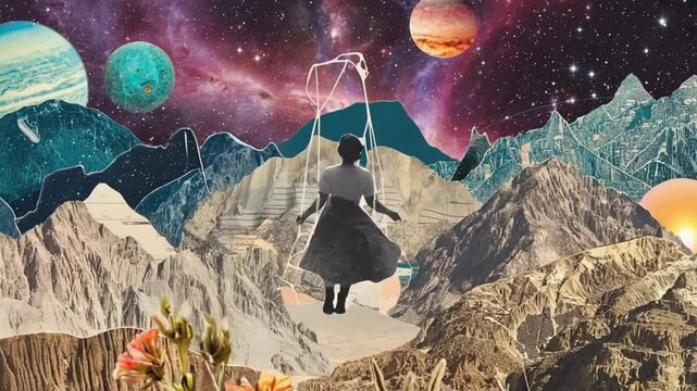 Woman floats by umbrella through stars over space mountains and planets. Retro Cutout Collage Style
