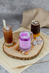 A vibrant collection of Indonesian fresh drinks made from tropical fruits, herbs, and syrup. Perfect for street food, Ramadan, or summer food and beverage visuals.