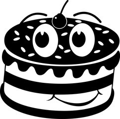 Cute cartoon cake with smiling face, topped with cherry and sprinkles, evokes joy