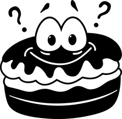 Happy cartoon dessert with smiling face and question marks, evoking curiosity and joy
