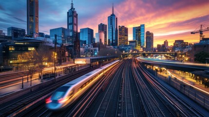 Fototapeta premium High-speed train speeding through city at vibrant sunset.