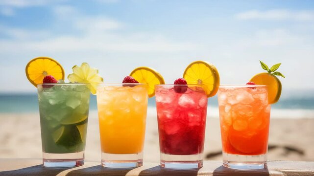 Four refreshing summer drinks with ice, citrus slices, and berries stand in a row against a sunny beach background.