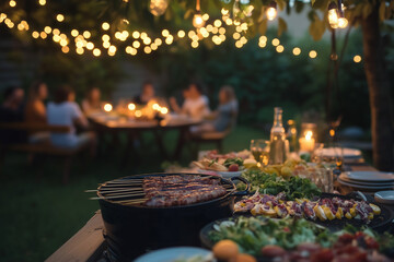 Fototapeta premium Warm summer evening, barbecue with friends, illuminated by string lights, filled with food and laughter. Generative AI