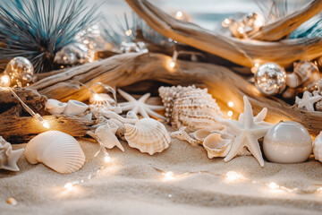 Holiday display, with seashell ornaments, starfish and driftwood arranged on sandy surface. Generative AI