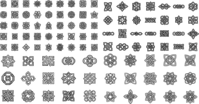 Border set of braids, religious knitted seamless ornaments, striped linear knitted decorative ropes modern graphics, intertwining lines.
