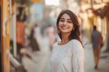 Full-body shot of a graceful Indian woman in a plain white embroidered kurti