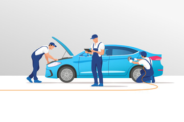 Auto service and repair. Car in maintenance workshop with mechanics team. Vector illustration. eps.