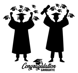 Happy graduate students with caps and diploma or certificates of celebration and two silhouette, Black and white academic achievement design, Vector illustration.