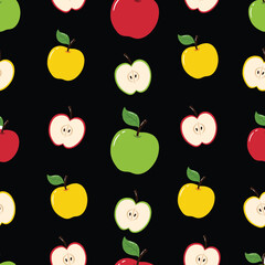 Seamless Hand Drawn Green Red Yellow Apple Pattern Designs Black Background