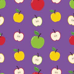 Seamless Hand Drawn Green Red Yellow Apple Pattern Designs Purple Background