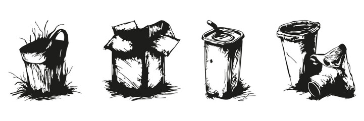 Fototapeta premium Trash And Litter Silhouette Set. Environmental Impact And Waste Management Awareness. Isolated Vector Illustration Collection