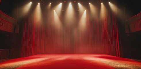 Empty Stage with Red Curtains and Stage Lights
