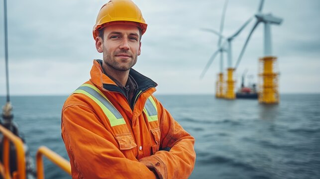 Confident Offshore Wind Turbine Technician Standing on Platform with Turbines