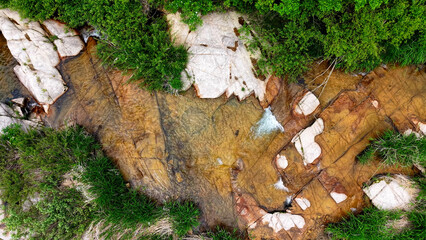 Aerial Drone Footage of a Clear Mountain Stream Flowing Through Mungyeong Countryside in Late Spring and Early Summer, Korea