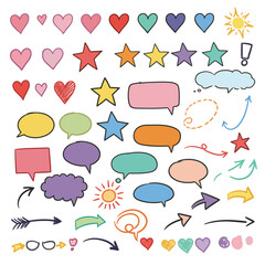 Hand drawn line elements. Doodle pen signs and effects. Simple sketch sparkle, star, glitter, icons, heart, floral objects. Decorative pencil curved symbols and shape. Vector set