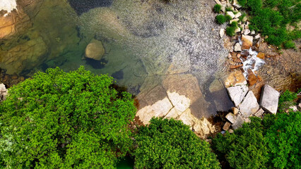 Aerial Drone Footage of a Clear Mountain Stream Flowing Through Mungyeong Countryside in Late...