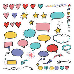 Hand drawn line elements. Doodle pen signs and effects. Simple sketch sparkle, star, glitter, icons, heart, floral objects. Decorative pencil curved symbols and shape. Vector set