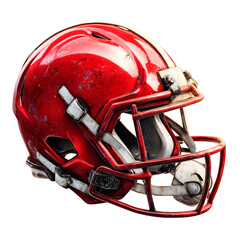 Fototapeta premium Close-up of a used and scratched red football helmet against a black background.
