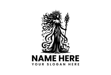 An artistic vector logo silhouette of Goddess Durga with flowing hair and a trident