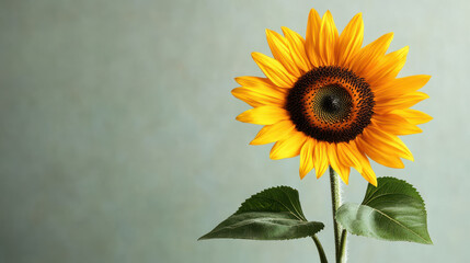 Obraz premium Single sunflower with bright yellow petals and dark center stands tall against soft background, radiating warmth and joy