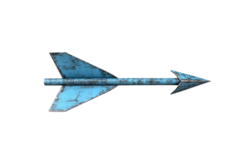 Blue weathered arrow pointing right, with worn metallic texture and aerodynamic shape, isolated on a transparent background