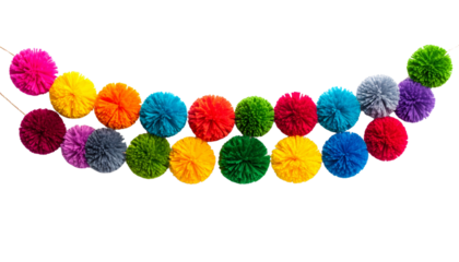 Colorful pom pom garland in vibrant hues cutout isolated on solid white background Png