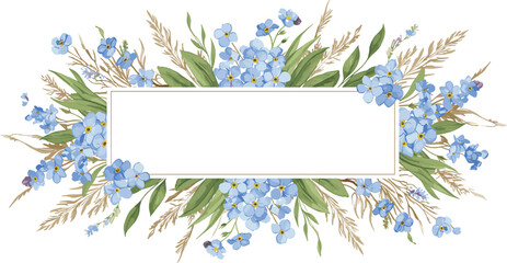 Green grass, dried wild flowers and blue beautiful forget-me-nots. Elegant botanical frame on a spring theme with space for text