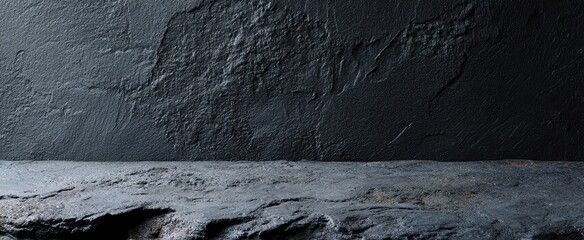 The textured black stone wall and surface creating a modern minimalist aesthetic.