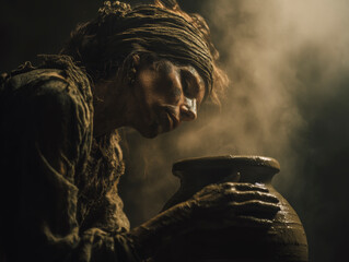 Retrato artístico de mujer adulta haciendo cerámica, artesanía tradicional.