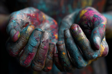 Manos humanas cubiertas de pintura multicolor brillante, ideal para creatividad, arte y manualidades.