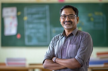 Fototapeta premium Indian teacher standing in front of a blackboard, upper body portrait, side natural light