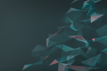 3D abstract geometric background featuring soft dark aqua green and pink polygonal shapes as mountains. Minimalist border, copy space for text. 3D rendering pattern in modern vaporwave tech design.