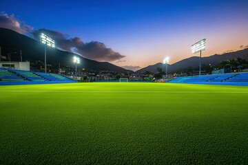 Soccer Field with Green Grass, Blue Seats and Mountain at Sunset