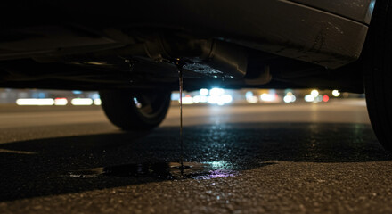 Car leaking motor oil or fluid at night on city street, macro close-up. Concept for vehicle malfunction, roadside emergency, car maintenance, mechanical failure, automotive safety. Road Safety Week