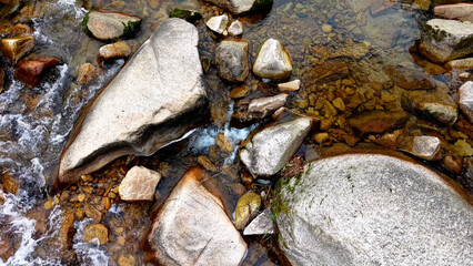 Aerial Drone Footage of a Clear Mountain Stream Flowing Through Mungyeong Countryside in Late Spring and Early Summer, Korea