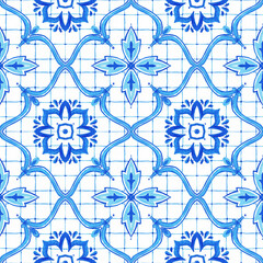 Seamless hand-drawn tile pattern inspired by traditional Mediterranean and Portuguese azulejos. Blue and white ceramic design perfect for textiles, wallpaper, kitchen decor, and surface prints.