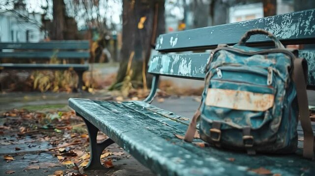 Dirty blue backpack sits on a bench in a park. The bench is made of wood and is located near a tree. Concept of solitude and contemplation, as the backpack is the only object in the image