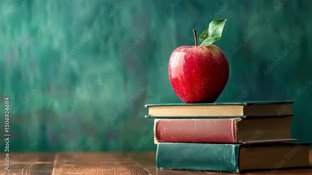 Poster green background with a red apple on top of a stack of books. the apple is the focal point of the im