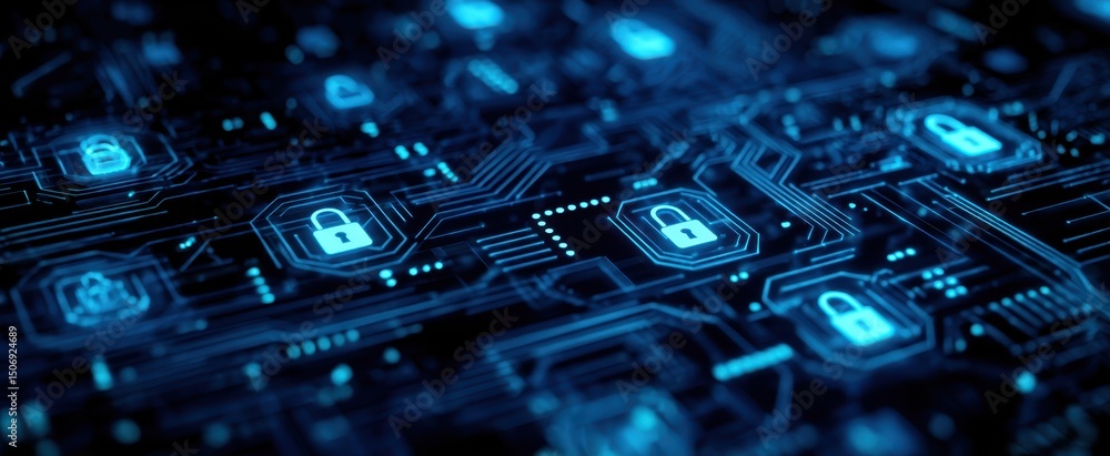 Poster the digital network of locks symbolizing cybersecurity and protection of data.
