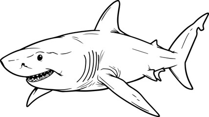 Coloring page featuring a cheerful cartoon shark swimming in the ocean, perfect for kids and creative activities 