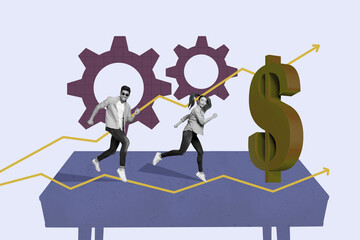 Creative pop poster sketch art collage of happy business partners girl guy receive arrow dollar income teamwork success earnings